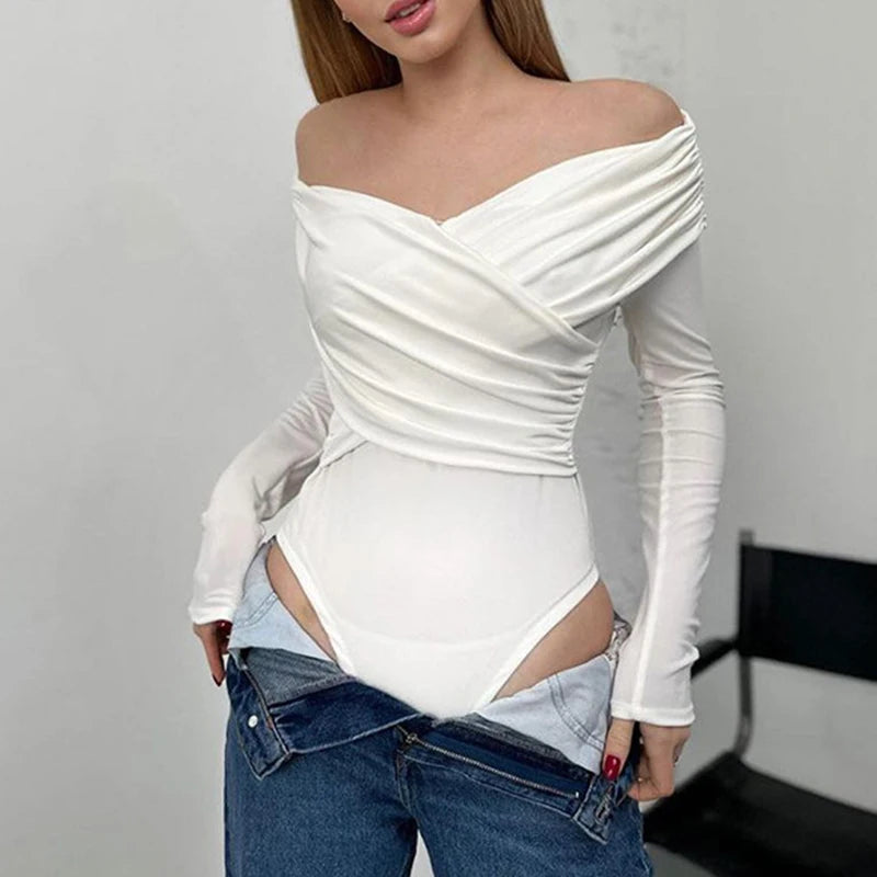 Autumn new 2024 sexy and fashionable V-neck off shoulder patchwork long sleeved slim fit versatile casual jumpsuit for woman