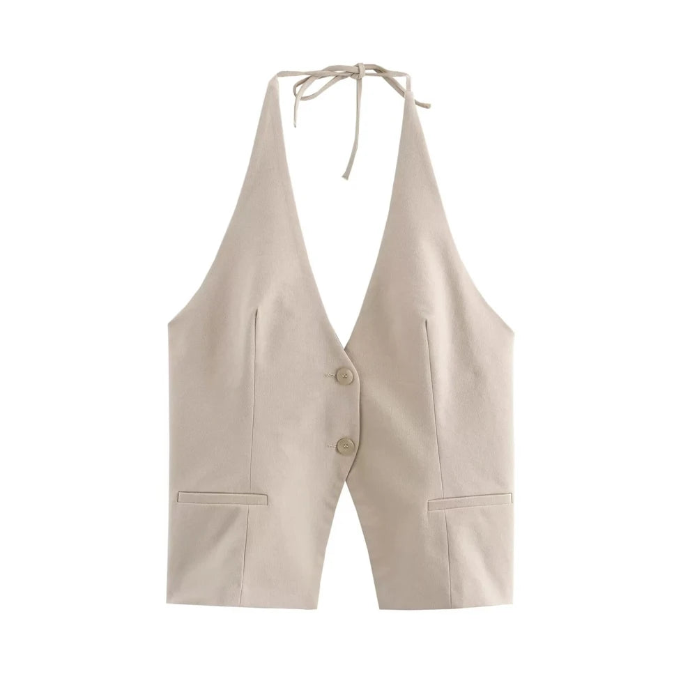 Front Button Tank Tops for Women, Tied Halter Neck, Backless, Female Camis, Sexy Fashion