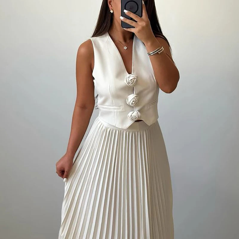 Elegant Temperament Slim Party Suit Office Simple Solid Color Pleated Outfits Ladies Sexy V Neck Rose Top and Long Skirt 2pc Set
