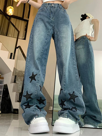 Woman Men American Retro Jeans High Waist Straight Wide Leg Denim Pants High Street Unisex Punk Washed Oversized Loose Trousers