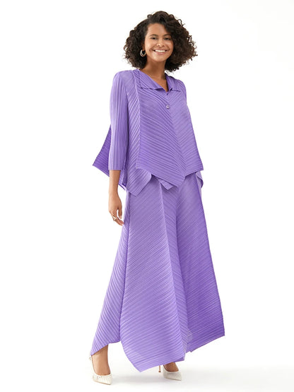 Miyake Pleated Two Piece Sets Spring New Korean Style Single Button Shirt Jacket Harem Pants Loose Designer Aesthetic Clothes
