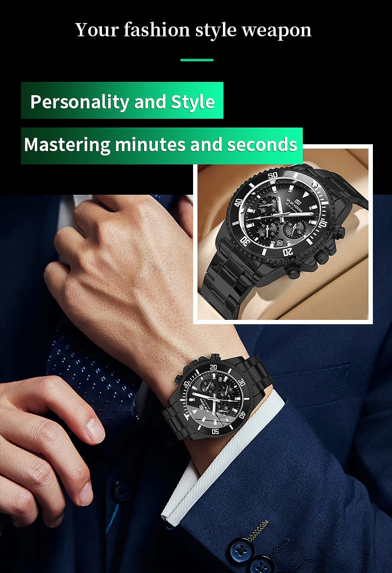 Multifunctional Mens Quartz Watch Luxury Water Night Glow Business Style Diver Series Stainless Steel Leisure Fashion Wristwatch