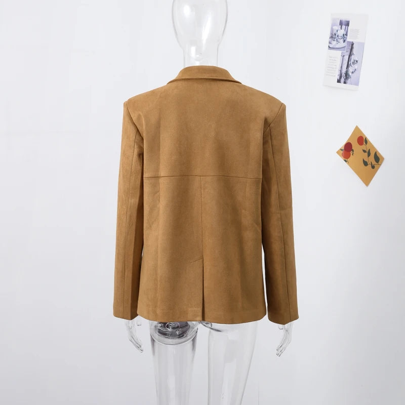 Vintage Suede Single Breasted Female Jackets Chic Long Sleeve Lapel Coats for Women 2025 Spring New Lady Outerwear High Street