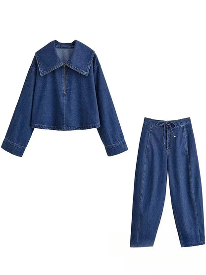 KONDALA Vintage Casual Chic Women Cowboy Suit Zipper Loose Jackets Long Pockets Pants Fashion 2025 Spring Summer Denim Suits
