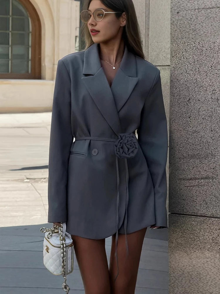 FSMG Fashion 3D Flower Belt Loose With Pockets Long Sleeve Coat Elegant Notch Collar Single Button Blazers Casual Office Jacket