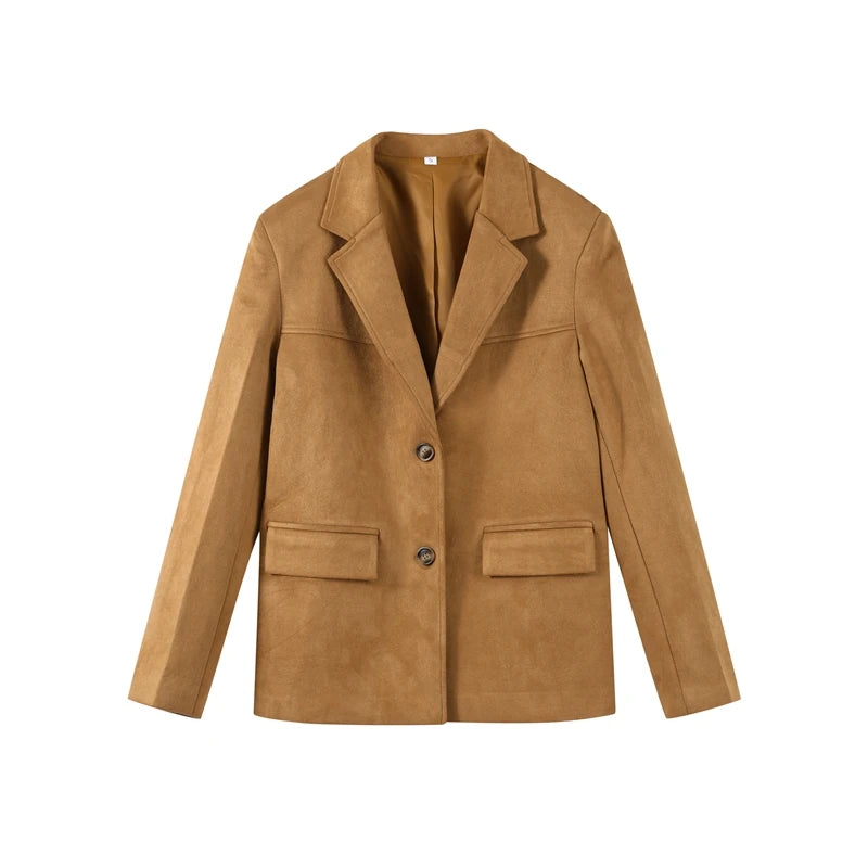 Vintage Suede Single Breasted Female Jackets Chic Long Sleeve Lapel Coats for Women 2025 Spring New Lady Outerwear High Street