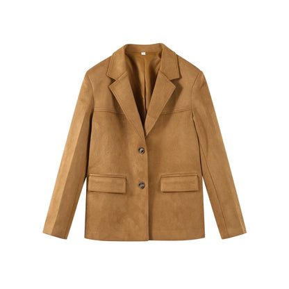 Vintage Suede Single Breasted Female Jackets Chic Long Sleeve Lapel Coats for Women 2025 Spring New Lady Outerwear High Street
