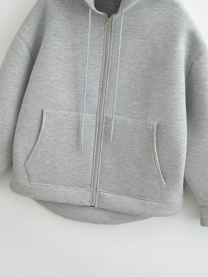 HH Autumn Women Gray Jacket With Hood Long Sleeve Big Pocket Zipper Jacket Coat Woman Loose Casual Outerwear Coat Tops