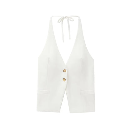 Front Button Tank Tops for Women, Tied Halter Neck, Backless, Female Camis, Sexy Fashion