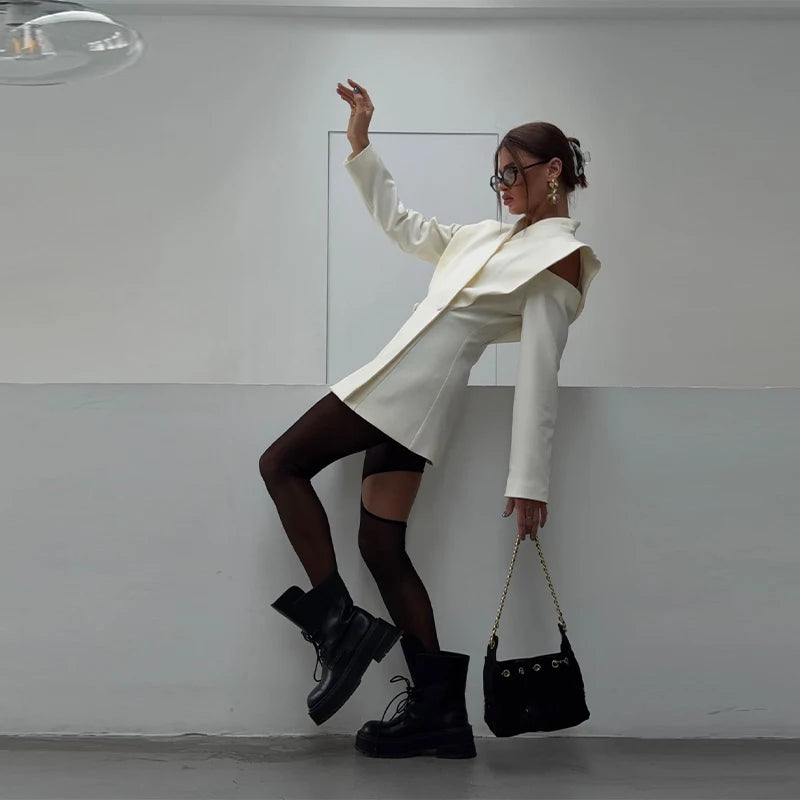 Chic Deconstructed Women's Blazer Full Sleeve Double-Breasted Waist-Closed Lady Jackets 2026 Spring Female Street Coats New