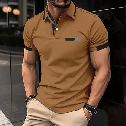 Men's fitness casual sports T-shirt, gym running sports elastic short-sleeved Polo shirt, lapel top, men's tight T-shirt