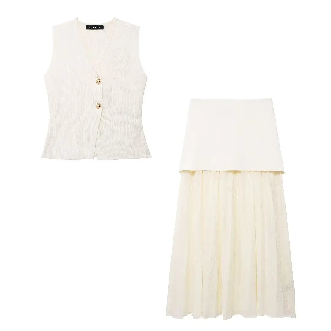 HH Women 2 Piece Skirt Set Elegant V-Neck Sleeveless Button Knitted Vest Top+Splicing High Waist Zipper Ankle-Length Skirts