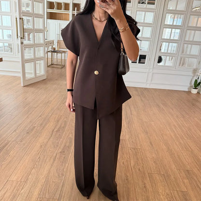 Casual Women's Trouser Suit Single Button Blazer High Waist Wide Leg Pants Lady Suits 2025 Spring Summer 2 Pieces Set Women