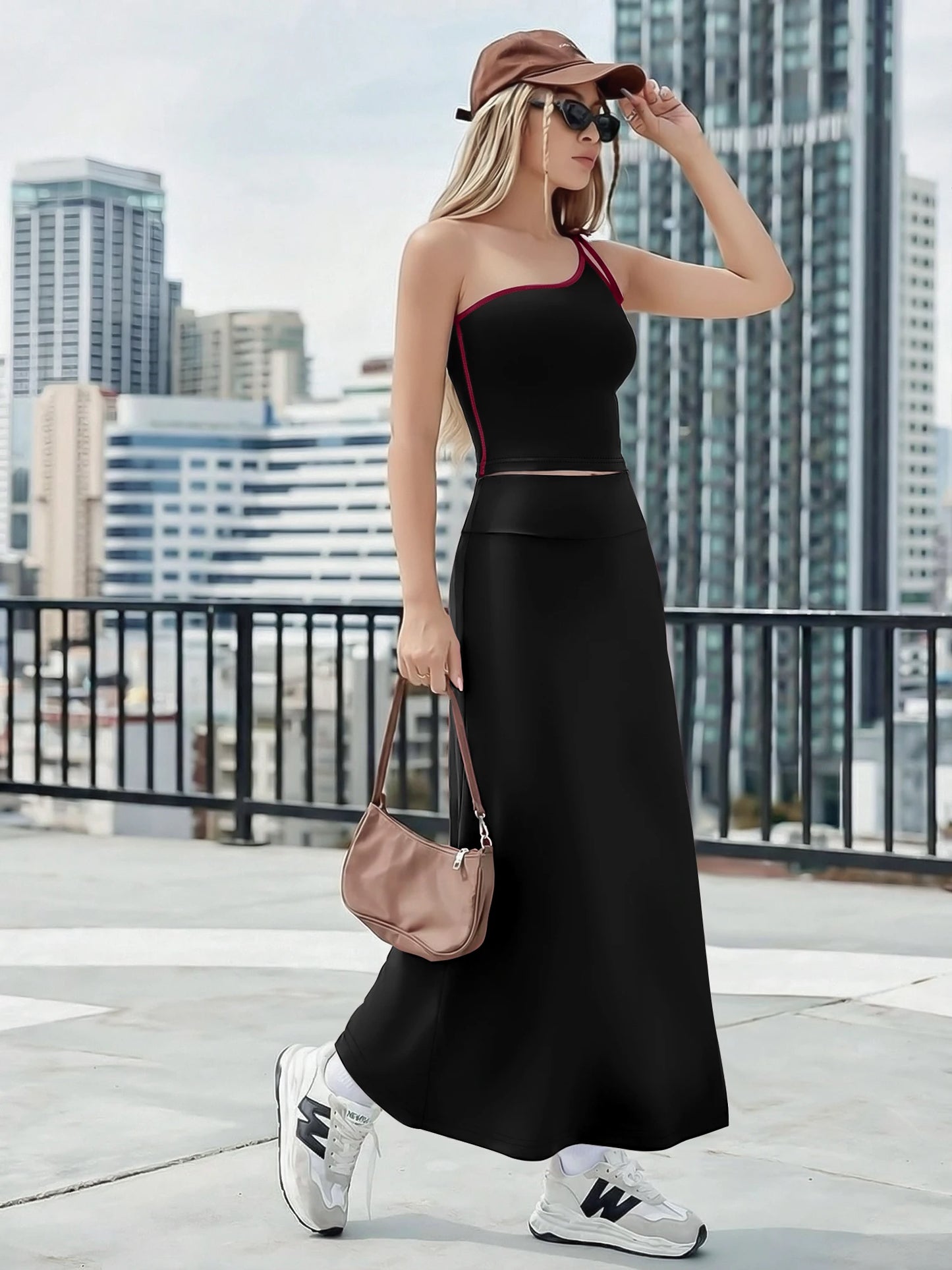Summer Sexy One Shoulder Crop Top Maxi Skirt Set Women High Waist Slim Fit 2 Piece Outfit For Date Night