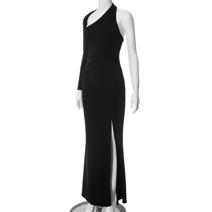 Cryptographic Fashion One Shoulder Split Maxi Dress for Women Elegant Club Outfits for Women Long Sleeve Vestido Dresses Gown