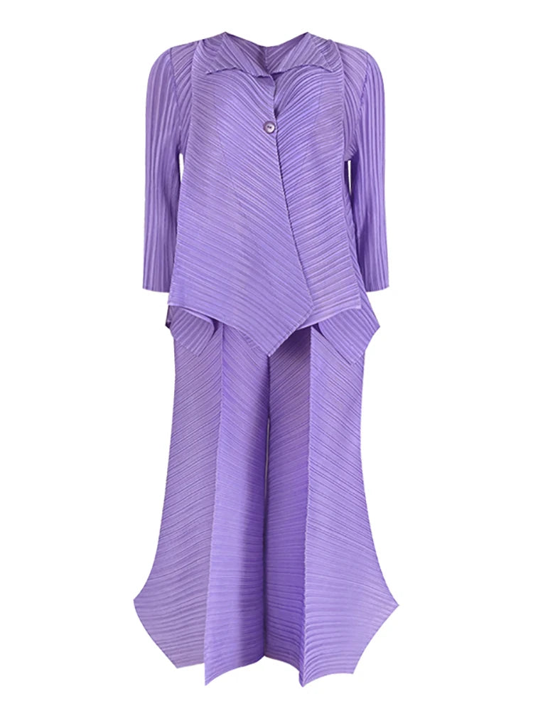 Miyake Pleated Two Piece Sets Spring New Korean Style Single Button Shirt Jacket Harem Pants Loose Designer Aesthetic Clothes
