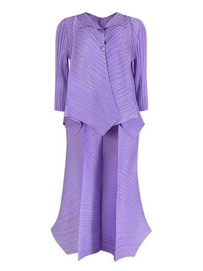 Miyake Pleated Two Piece Sets Spring New Korean Style Single Button Shirt Jacket Harem Pants Loose Designer Aesthetic Clothes