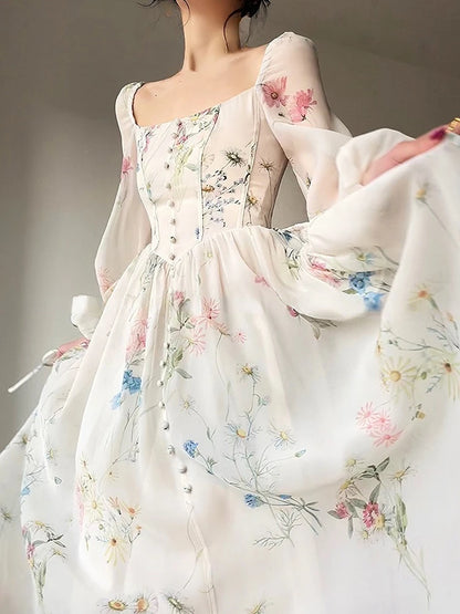 Vintage Floral Midi Dress Women Elegant Party Square Collar Dresses Summer Beach Fairy Korean Long Sleeve Bodycon Vestidos New