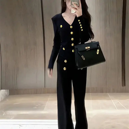 Autumn Winter Luxury Women Suits Fashion V Neck Golden Buttons Elegant Cardigan Coats + Knitted Wide Leg Pants 2-piece Set Q891