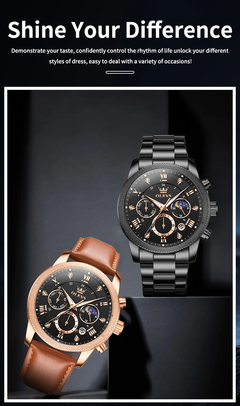 OLEVS 3660 Moon Phase Chronograph Luminous Men's Watches Leather Strap Waterproof Original Quartz Watch for Man Brand Wristwatch