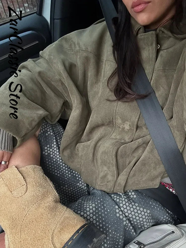 Autumn Women's Green Suede Short Jacket Loose Lapel Zipper Long Sleeve Bomber Coat Female 2025 New Lady High Street Outwears