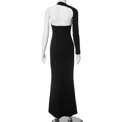 Cryptographic Fashion One Shoulder Split Maxi Dress for Women Elegant Club Outfits for Women Long Sleeve Vestido Dresses Gown