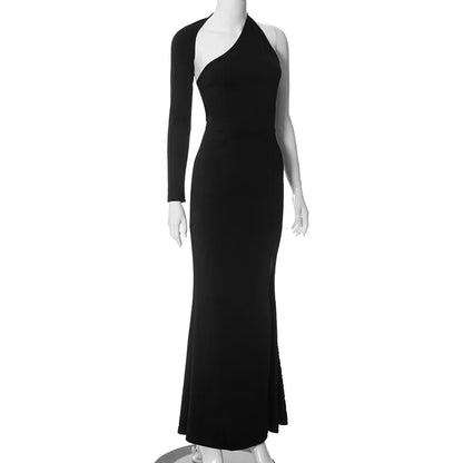 Cryptographic Fashion One Shoulder Split Maxi Dress for Women Elegant Club Outfits for Women Long Sleeve Vestido Dresses Gown