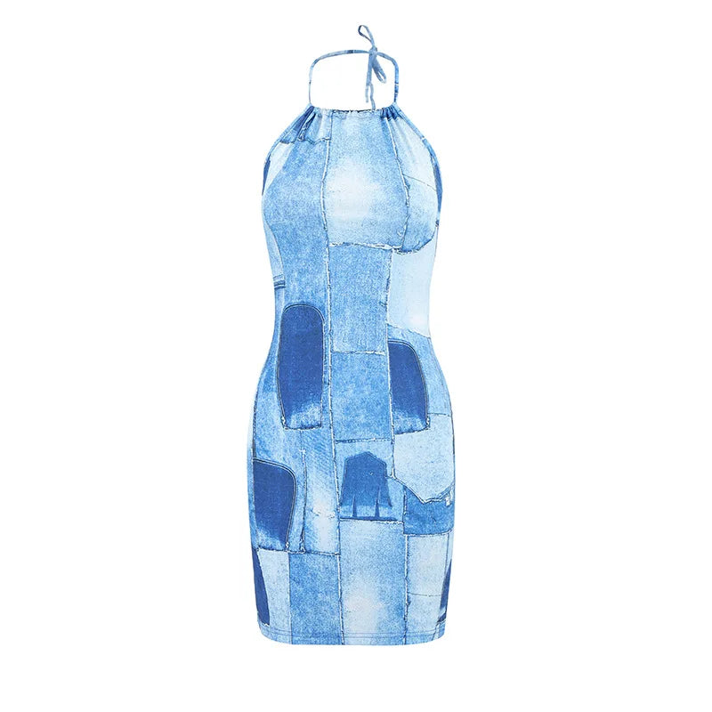 Summer Faux Denim Print Neck-mounted Spaghetti Strap Dress Women Sexy Slim Sleeveless Backless Dresses Fashion Wrap Hip Vestidos