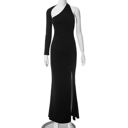 Cryptographic Fashion One Shoulder Split Maxi Dress for Women Elegant Club Outfits for Women Long Sleeve Vestido Dresses Gown