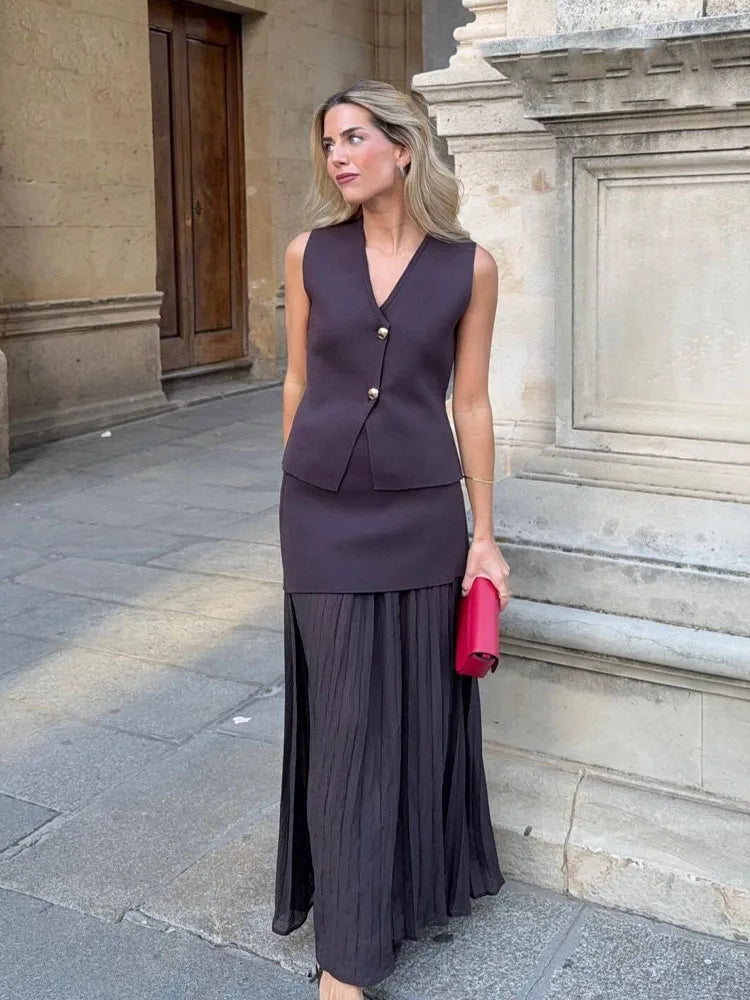 HH Women 2 Piece Skirt Set Elegant V-Neck Sleeveless Button Knitted Vest Top+Splicing High Waist Zipper Ankle-Length Skirts