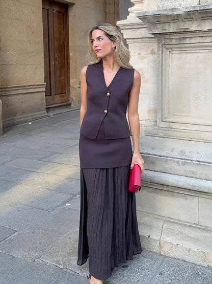 HH Women 2 Piece Skirt Set Elegant V-Neck Sleeveless Button Knitted Vest Top+Splicing High Waist Zipper Ankle-Length Skirts