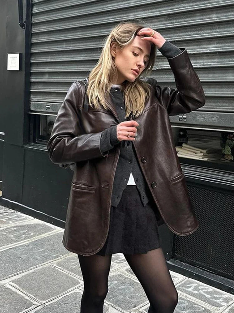Brown Vintage Leather Jacket Lapel Breasted Pocket Women Commute Temperament Casual Suit PU Leather Coat Spring Autumn Blouse