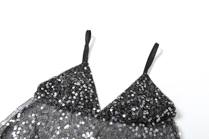 kliou Mesh Sequins Women Tops Summer Thin Shiny V-neck Backless Ruffle Trim Crop Camis Female Popular Hipster Sexy Streetwear
