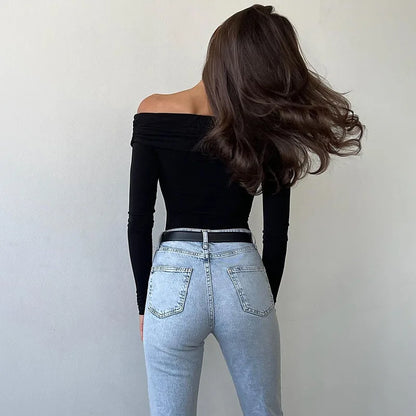 Autumn new 2024 sexy and fashionable V-neck off shoulder patchwork long sleeved slim fit versatile casual jumpsuit for woman