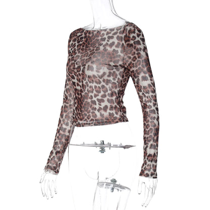 Dulzura Autumn Fashion Sexy Off Shoulder Long Sleeve Slim Leopard Print T-Shirt Women'S Casual Versatile Street Style Outfit Y2K
