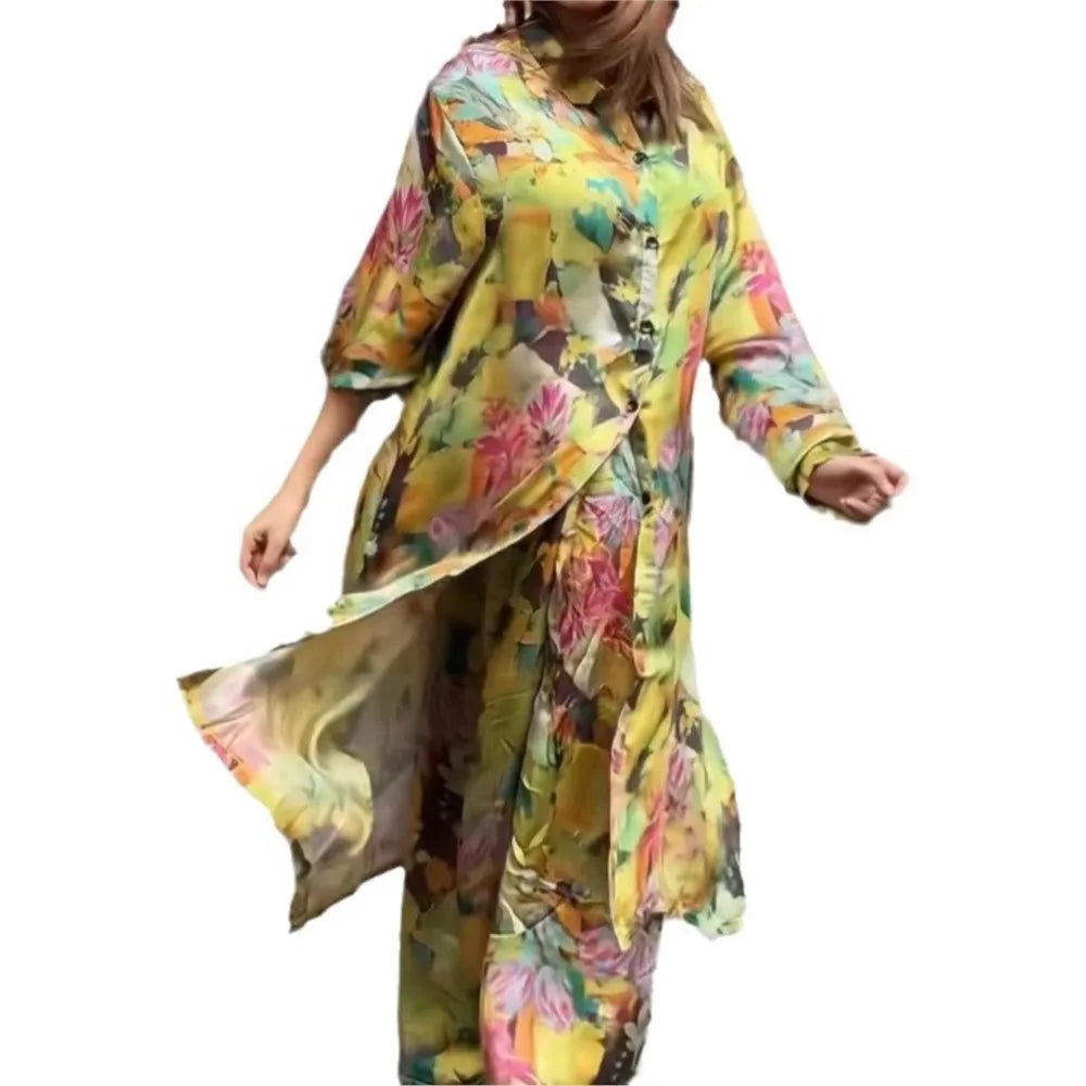 Elegant For Women Print Long Top 2 Pieces Set Spring Floral Single Breasted Lapel Shirt Wide Leg Pant Outfits Loose Leisure Suit