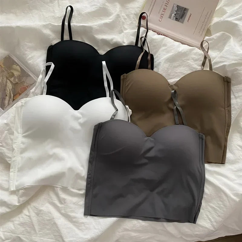 Summer Sexy Top Women Slim Thin Straps Camisole Sleeveless T-Shirt with Cups Solid Color Tank Tops Ice Silk Comfortable Sling