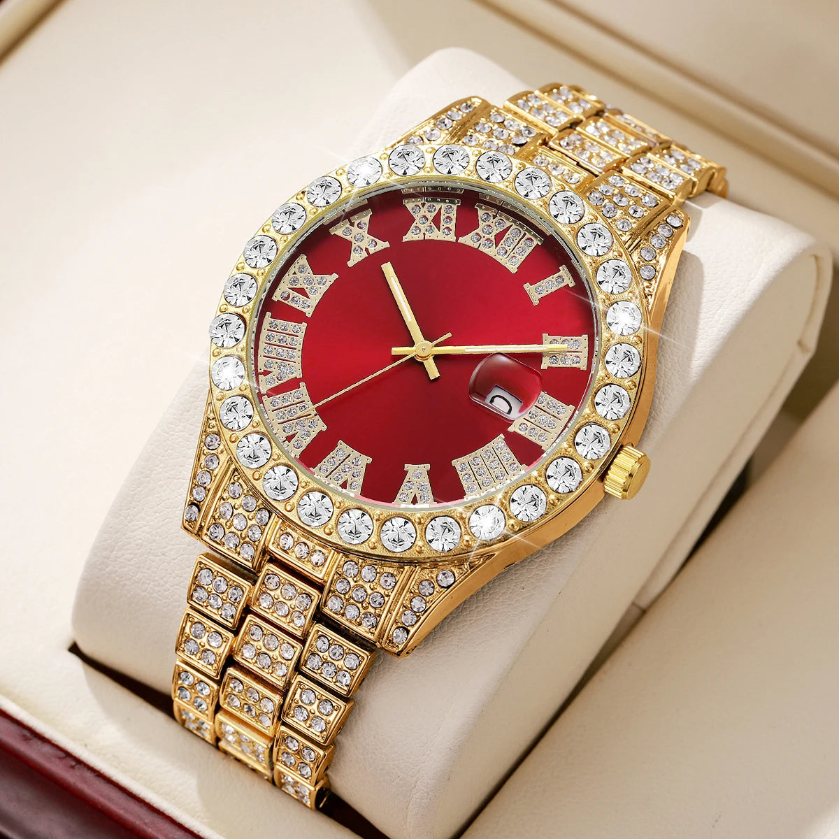 Luxury Full Diamond Men Calendar Quartz Watch Fashion Stainless Steel Band Male Quartz Wristwatches Date Clock Reloj Hombre
