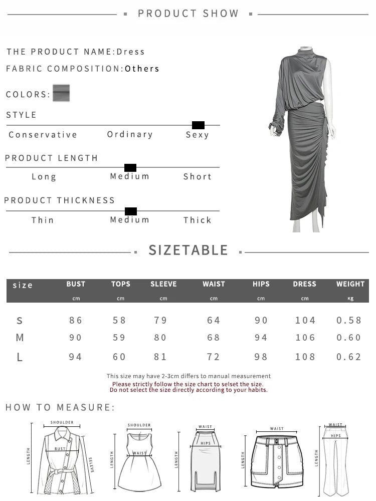 SIsterlinda Unique Irregular Women 2 Piece Set Solid Swinging Pleated Single Full Sleeve Turtleneck Tops+Matching Split Skirts