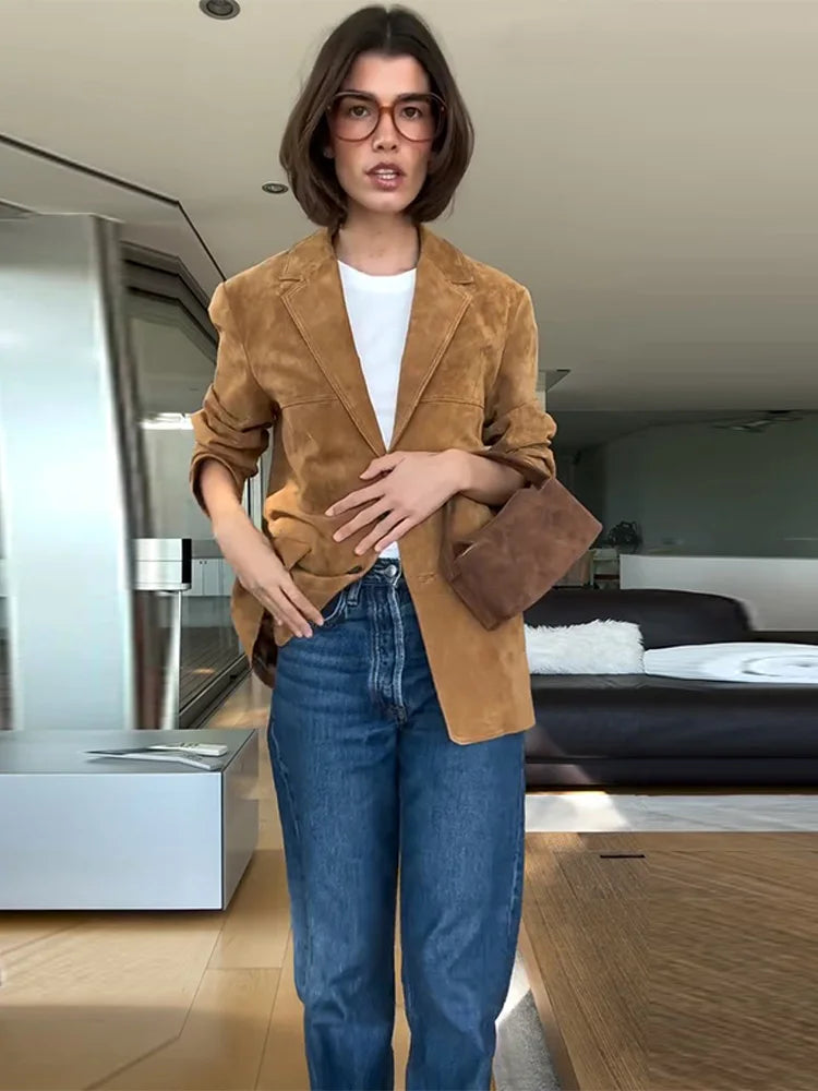 Vintage Suede Single Breasted Female Jackets Chic Long Sleeve Lapel Coats for Women 2025 Spring New Lady Outerwear High Street
