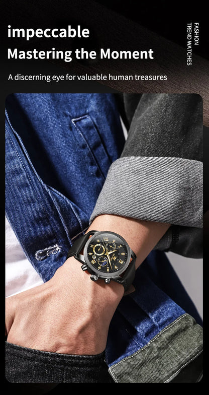 OLEVS 3660 Moon Phase Chronograph Luminous Men's Watches Leather Strap Waterproof Original Quartz Watch for Man Brand Wristwatch