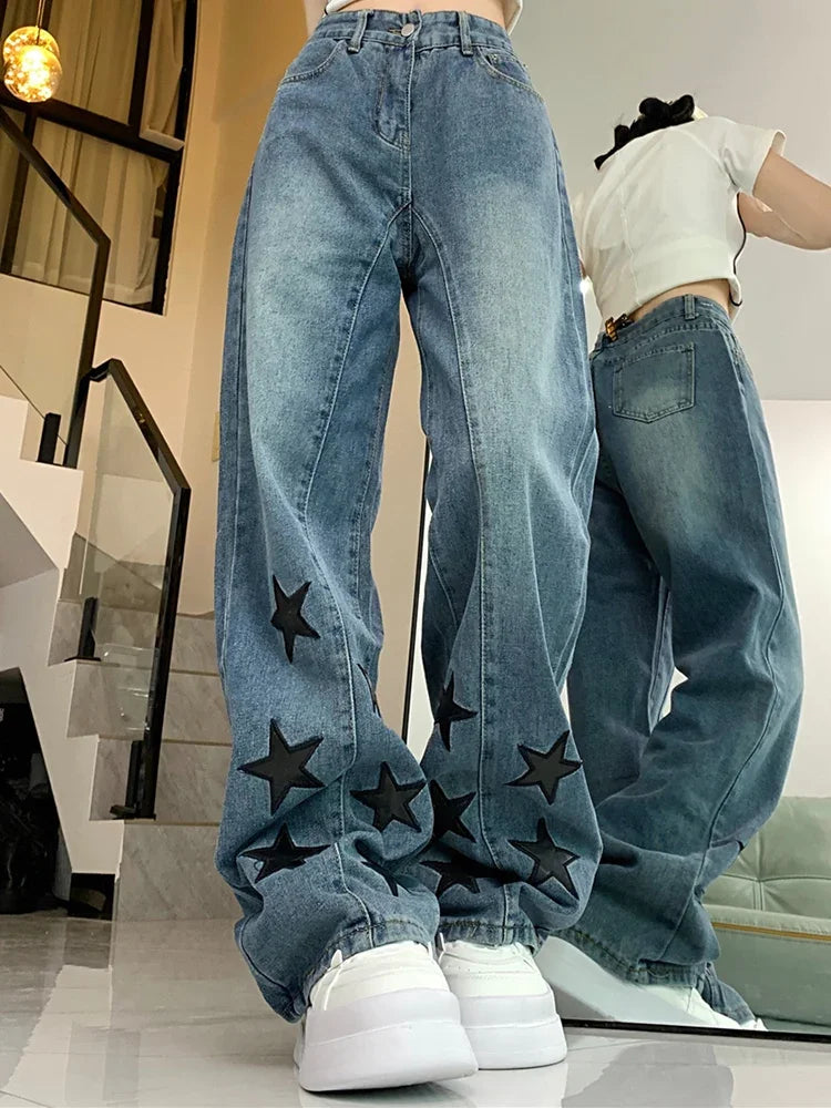 Woman Men American Retro Jeans High Waist Straight Wide Leg Denim Pants High Street Unisex Punk Washed Oversized Loose Trousers