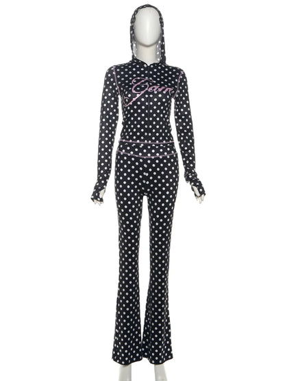 Weird Puss Polka Dot Letter Print 2 Piece Set Woman Tracksuit Trend Sexy Hooded Jacket+Pants Skinny Stretch Matching Streetwear