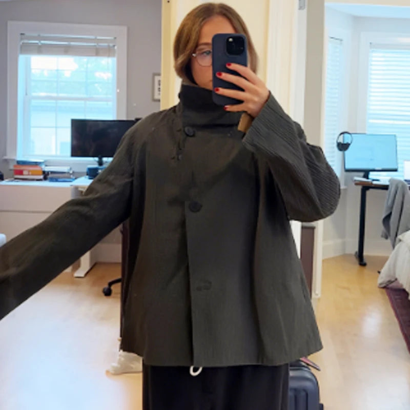 HXAO Women's Jacket Autumn Crop Reversible Trench Coat New In Coat & Jacket Asymmetric Button High Neck Long Sleeve Windbreaker