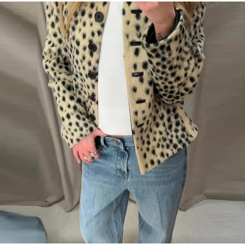 Leopard Print Cropped Jacket Round Neck Long Sleeve Button Front 2026 Spring Edgy Women Outerwear Fashion Chic Street Lady Coats