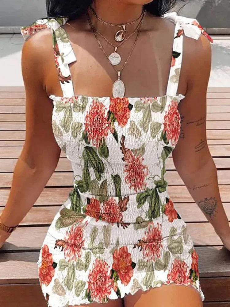 Summer Sexy Bodycon Package Hips Wrap Dress Women Casual Sleeveless Lace-up Fashion Floral Mini Dress Woman Skinny Sundress