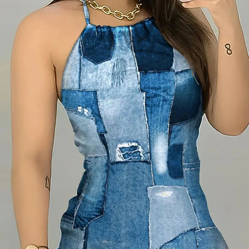 Summer Faux Denim Print Neck-mounted Spaghetti Strap Dress Women Sexy Slim Sleeveless Backless Dresses Fashion Wrap Hip Vestidos