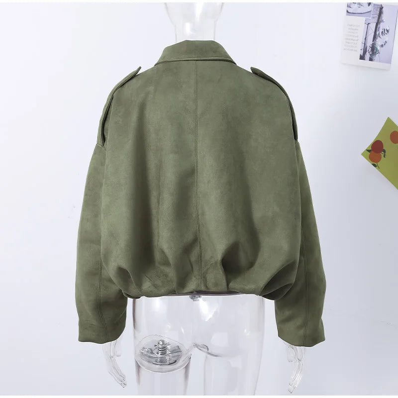 Autumn Women's Green Suede Short Jacket Loose Lapel Zipper Long Sleeve Bomber Coat Female 2025 New Lady High Street Outwears