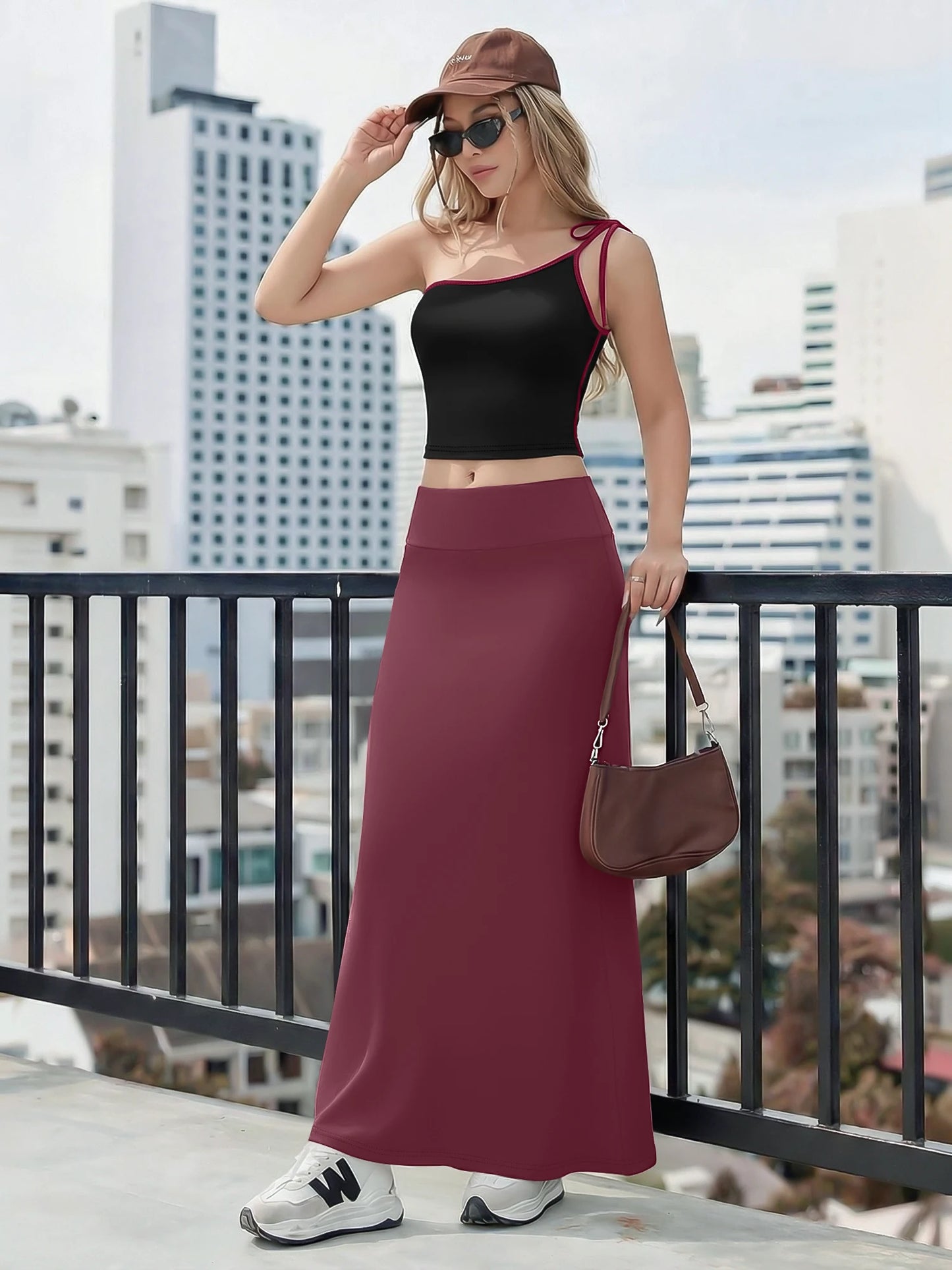 Summer Sexy One Shoulder Crop Top Maxi Skirt Set Women High Waist Slim Fit 2 Piece Outfit For Date Night