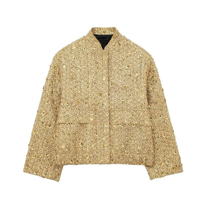 Suninheart Winter Women's Sequins Bomber Jacket Paillette Shiny Gold Jacket Coat Glitter Outerwear Lady New in Coats & Jackets